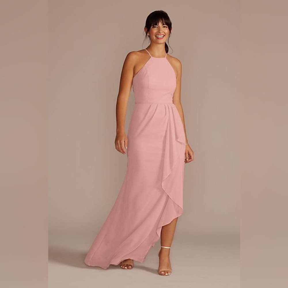 High-neck chiffon bridesmaid dress with cascade, Ballet. David’s Bridal. Size 0.